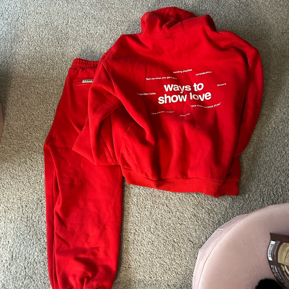 Red Sweatpant Jumpsuit Set - Ways to Show Love. Worn twice don’t like the jogger